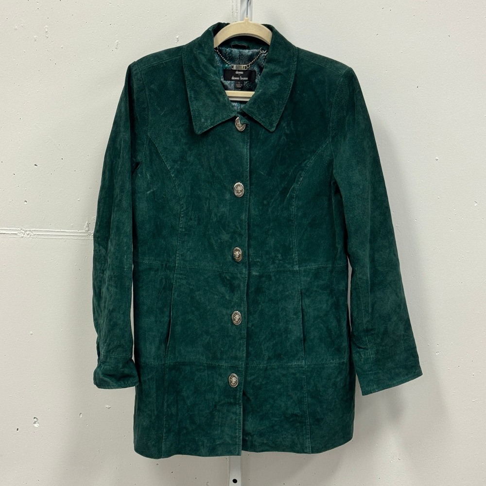 Dennis by Dennis Basso Teal Suede Leather Jacket Women's Large Button Front Coat